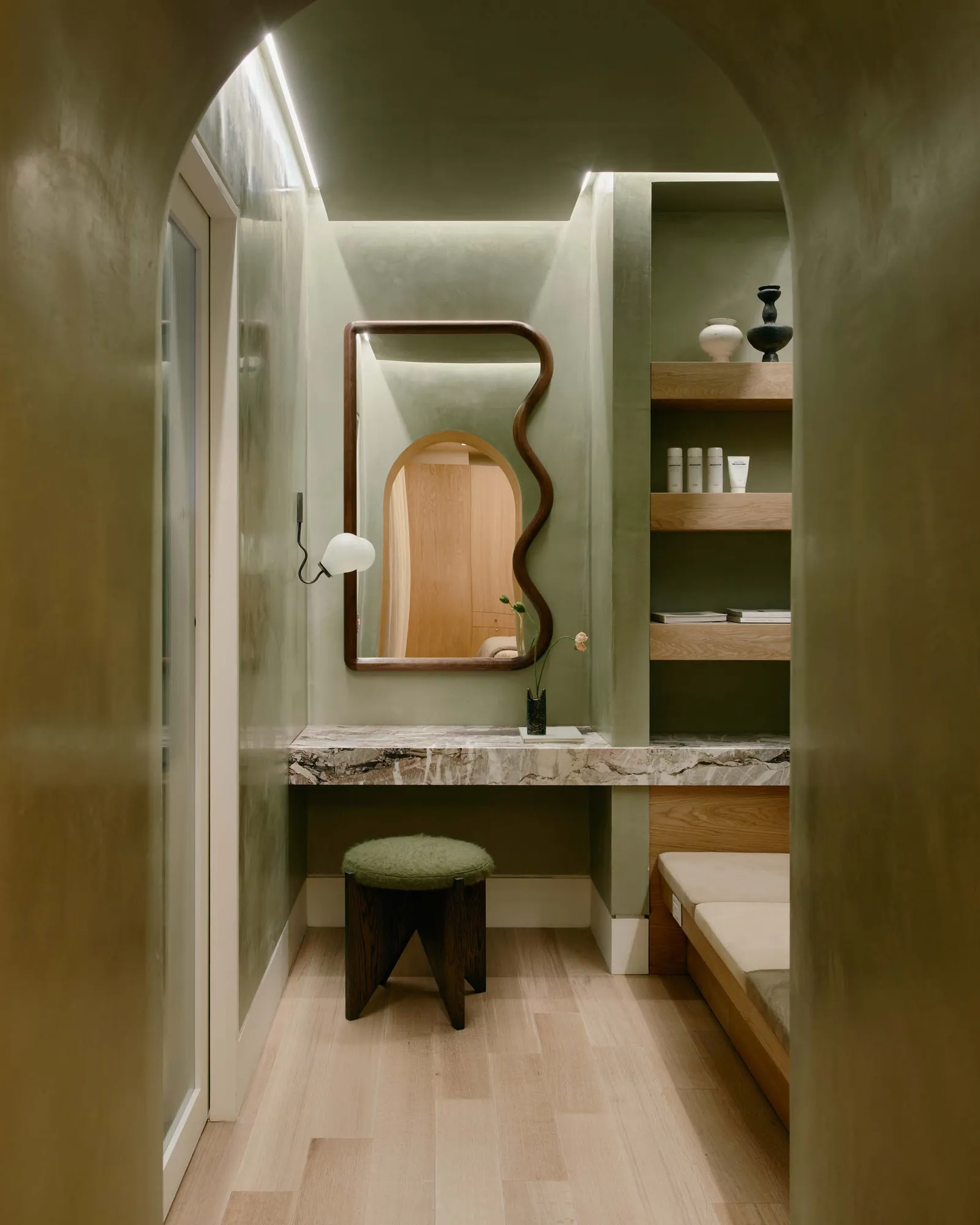 Image may contain Indoors Interior Design Cup Furniture Dressing Room Room Corner Wood and Floor