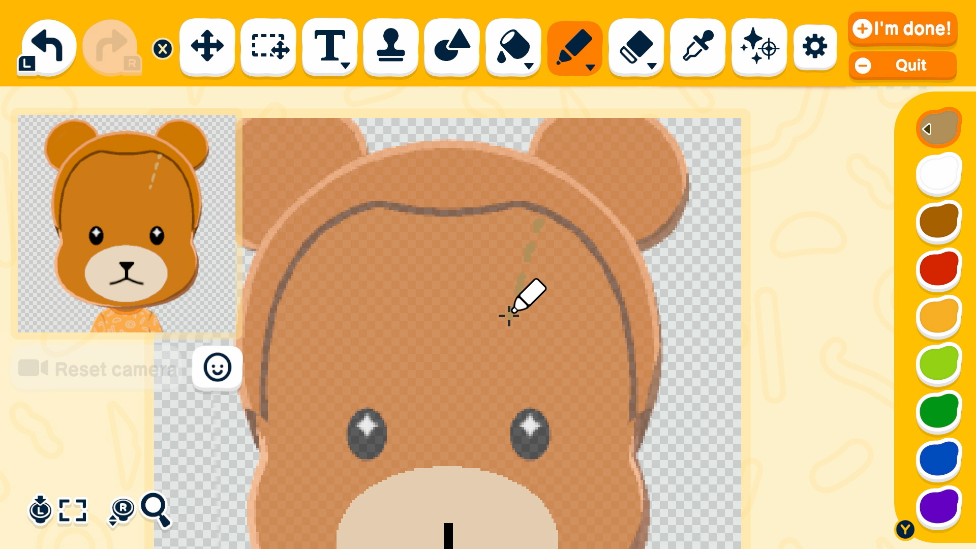 A close-up of a bear design in a customization interface, featuring a color palette and drawing tools with a marker selected for editing.