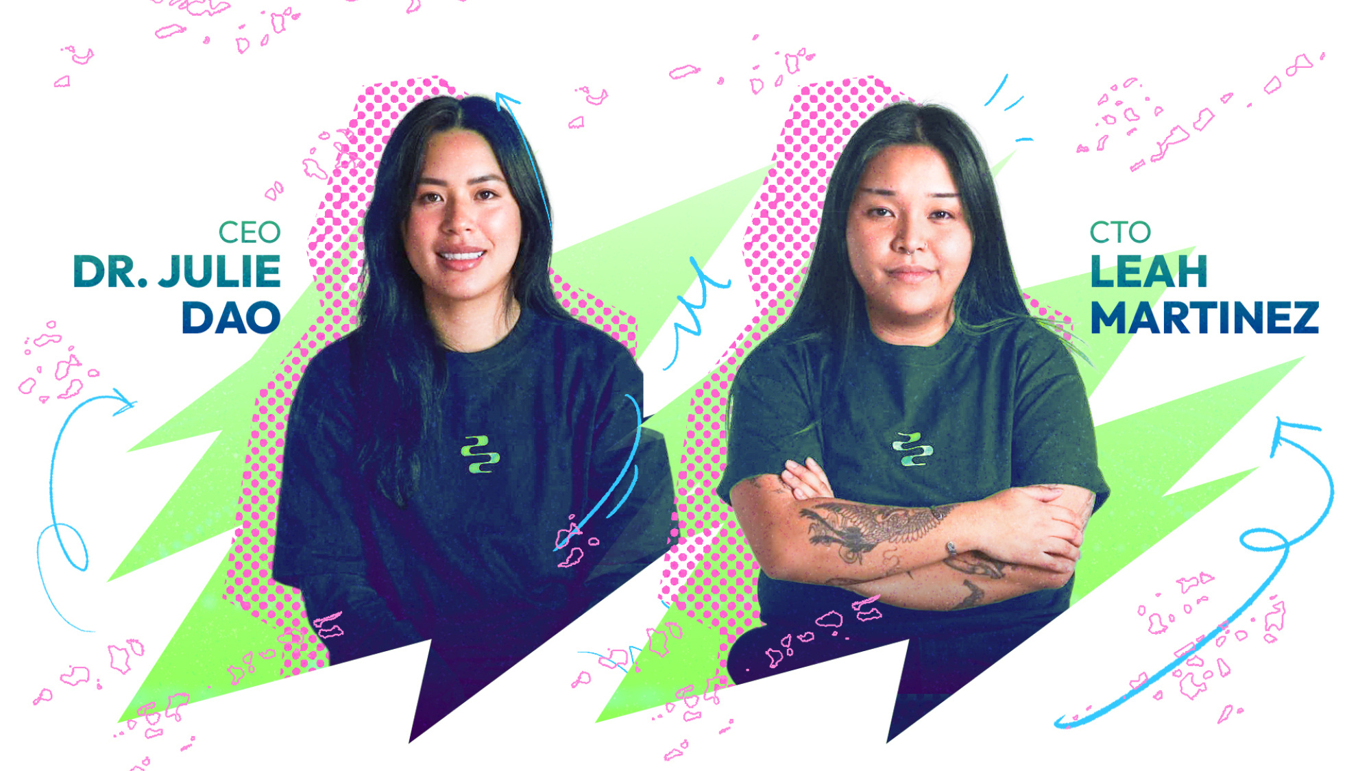 An illustrated photo composite of Sonorus CEO Julie Dao and CTO Leah Martínez.