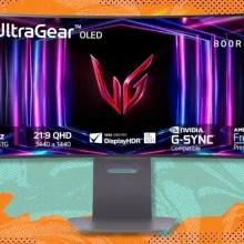 The 34-inch LG Ultragear OLED gaming monitor (34GS95QE) on a green and orange background