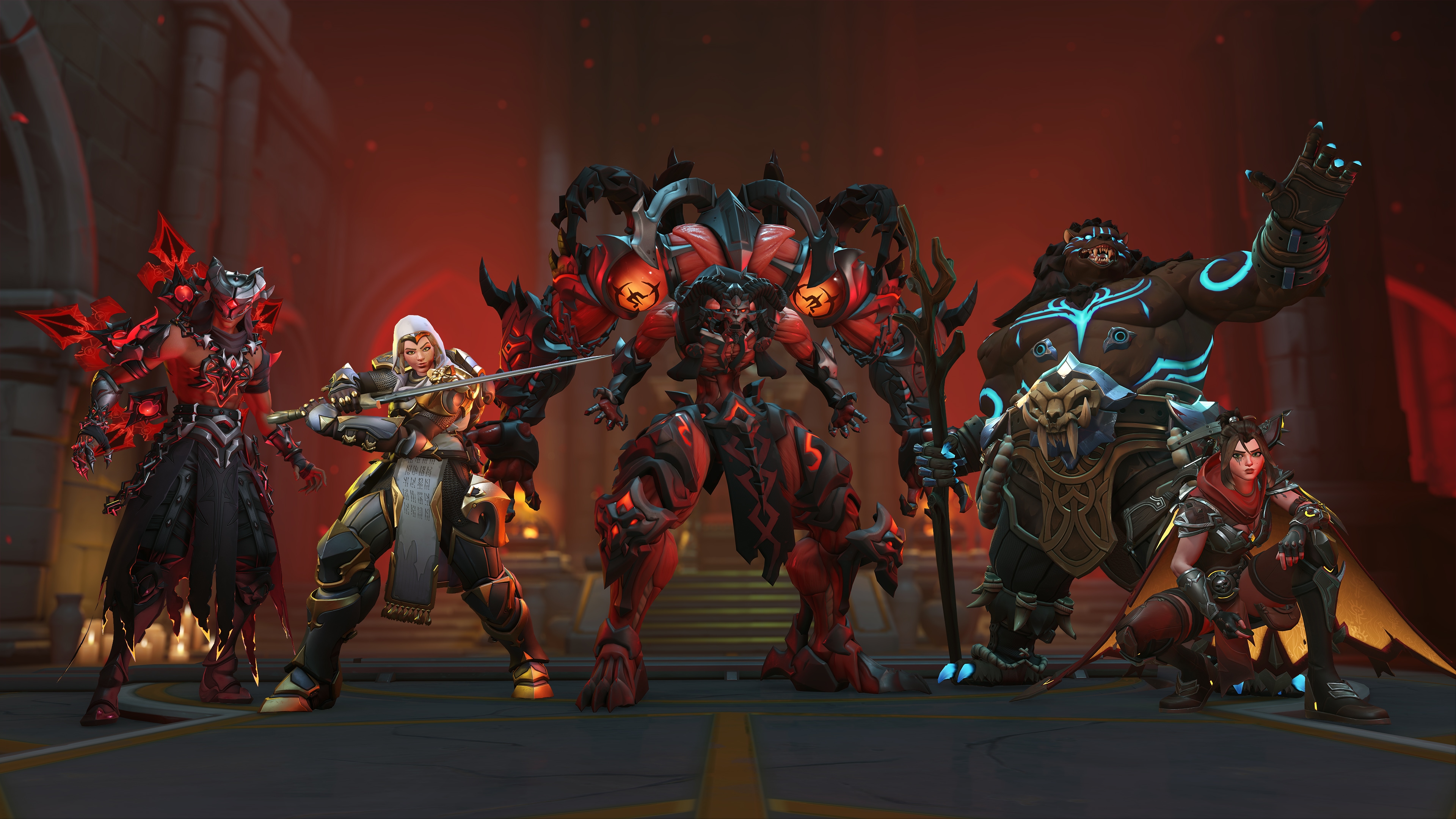 Five video game characters in fantasy armor pose in a dimly lit hall. The scene is intense, with a red glow and detailed, intricate costumes.