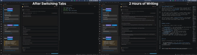 Split screen showing a full 2000-word article draft on the right, and a completely empty reset form on the left after switching tabs