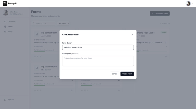 Formgrid dashboard and new form creation