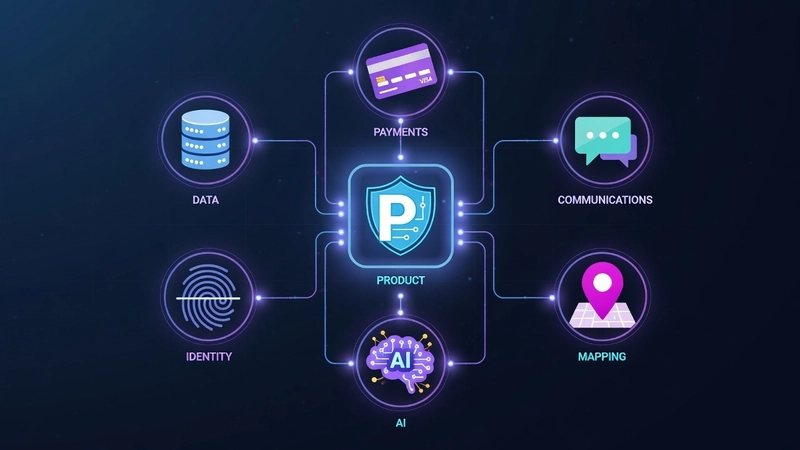 Network diagram showing a central software product connected to six surrounding API categories including payments, communications, mapping, AI, identity, and data services.