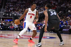 DETROIT, MICHIGAN - APRIL 19: Jalen Duren #0 of the Detroit Pistons plays against the Orlando Magic during game one of the first round of the eastern conference playoffs at Little Caesars Arena on April 19, 2026 in Detroit, Michigan. NOTE TO USER: User expressly acknowledges and agrees that, by downloading and or using this photograph, User is consenting to the terms and conditions of the Getty Images License Agreement. (Photo by Gregory Shamus/Getty Images)