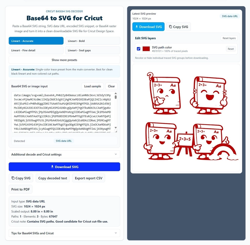 Screenshot of the Base64 to SVG for Cricut tool showing a pasted SVG data URL on the left and a red decoded SVG preview on the right