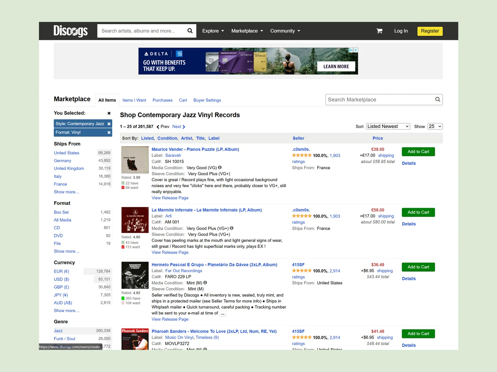 Screenshot of Discogs a website to purchase vinyl records