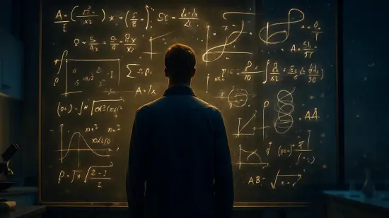 Silueta anónima observando una pizarra con diagramas y un fondo que sugiere el cosmos.