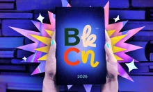 An illustration of a person holding a tablet that says BookCon