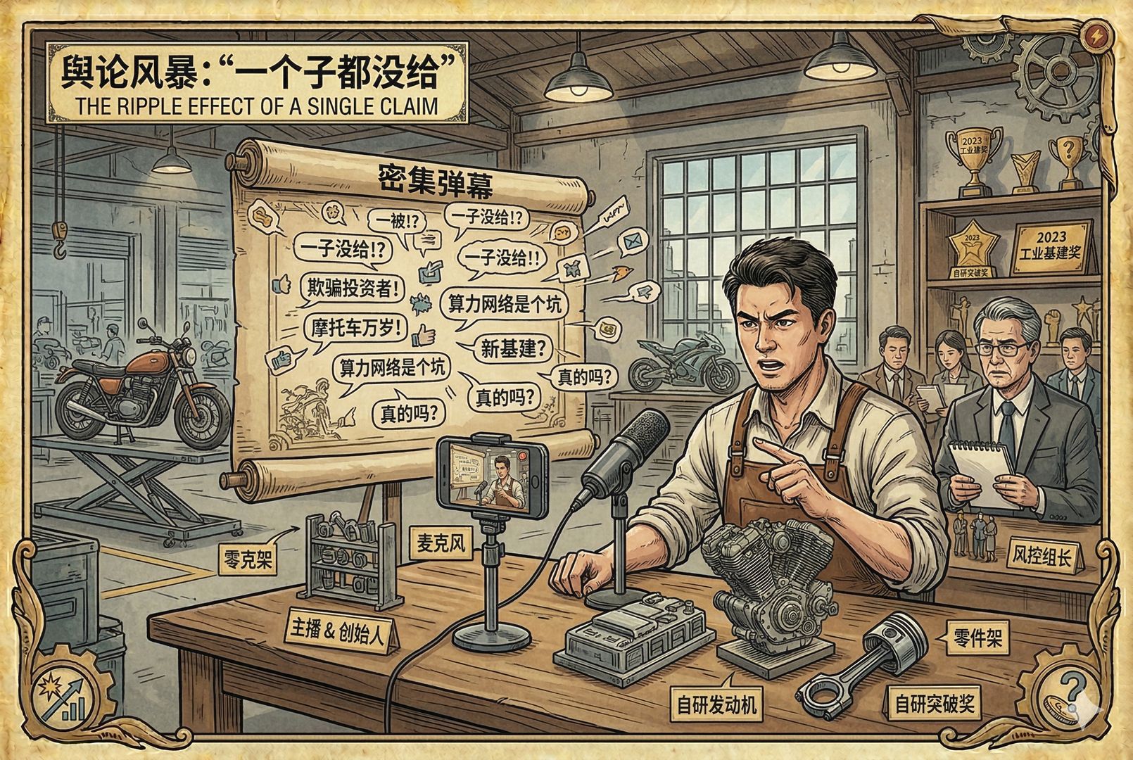 直播镜头前的创业者神情直接,桌上放着话筒、手机支架和摩托车零件,屏幕弹幕密集飞过,背景隐约可见厂房与奖杯,呈现一句“一个子都没给”引发的舆论震荡,羊皮纸,钢笔彩色手绘的统一风格。
