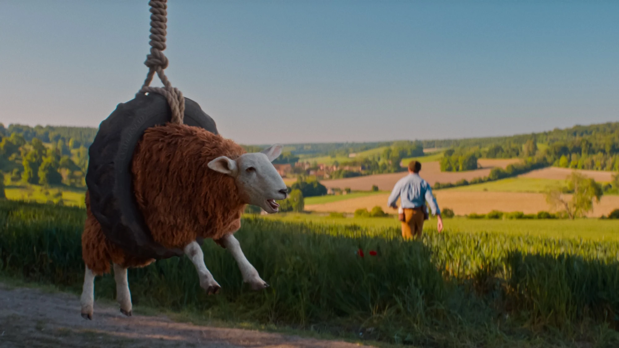 Laraine Newman as the voice of the Fainting Sheep and Hugh Jackman as George Hardy in "The Sheep Detectives."