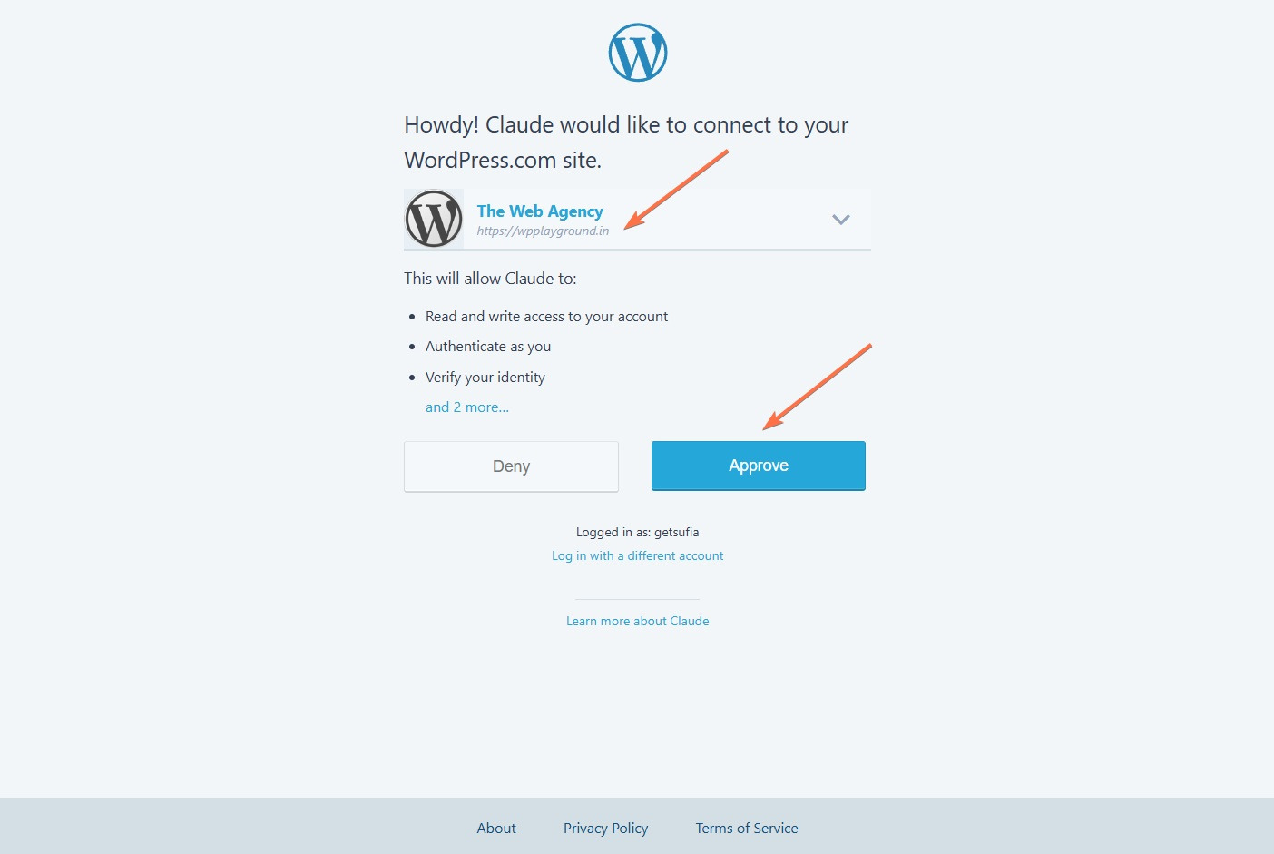 Screenshot showing how to approve the connection between Claude and WordPress.com.