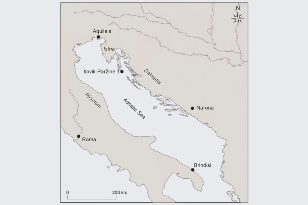Mapa del pecio romano y de la zona costera donde fue hallado el naufragio