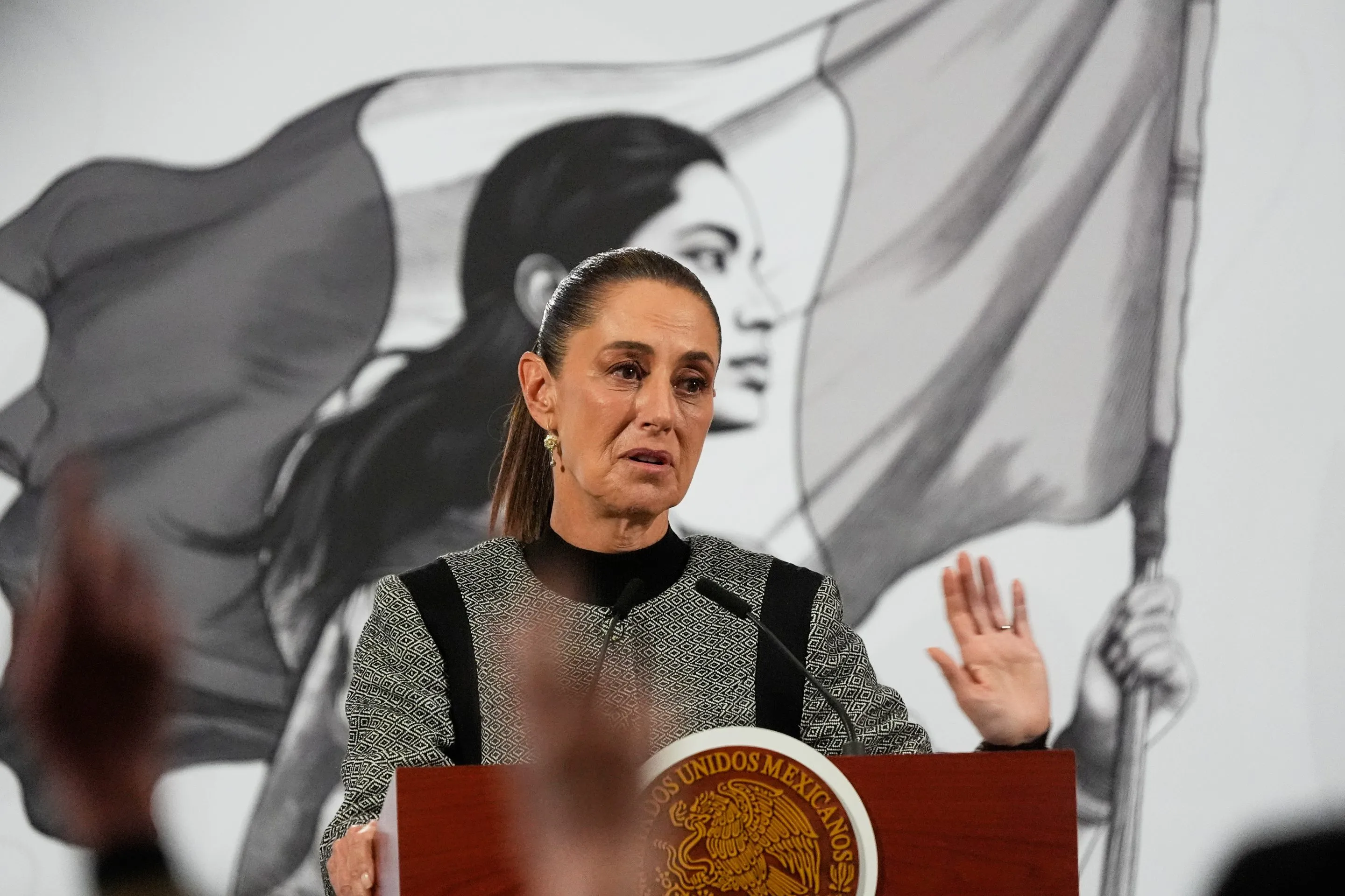 Mexican President Claudia Sheinbaum speaks during her daily morning press conference at the National Palace in Mexico City, Nov. 28, 2025.