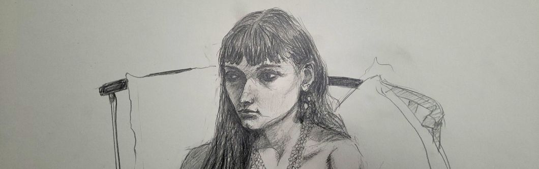 Part of a drawing of the head and shoulders of a female-presenting model seated on a chair. 