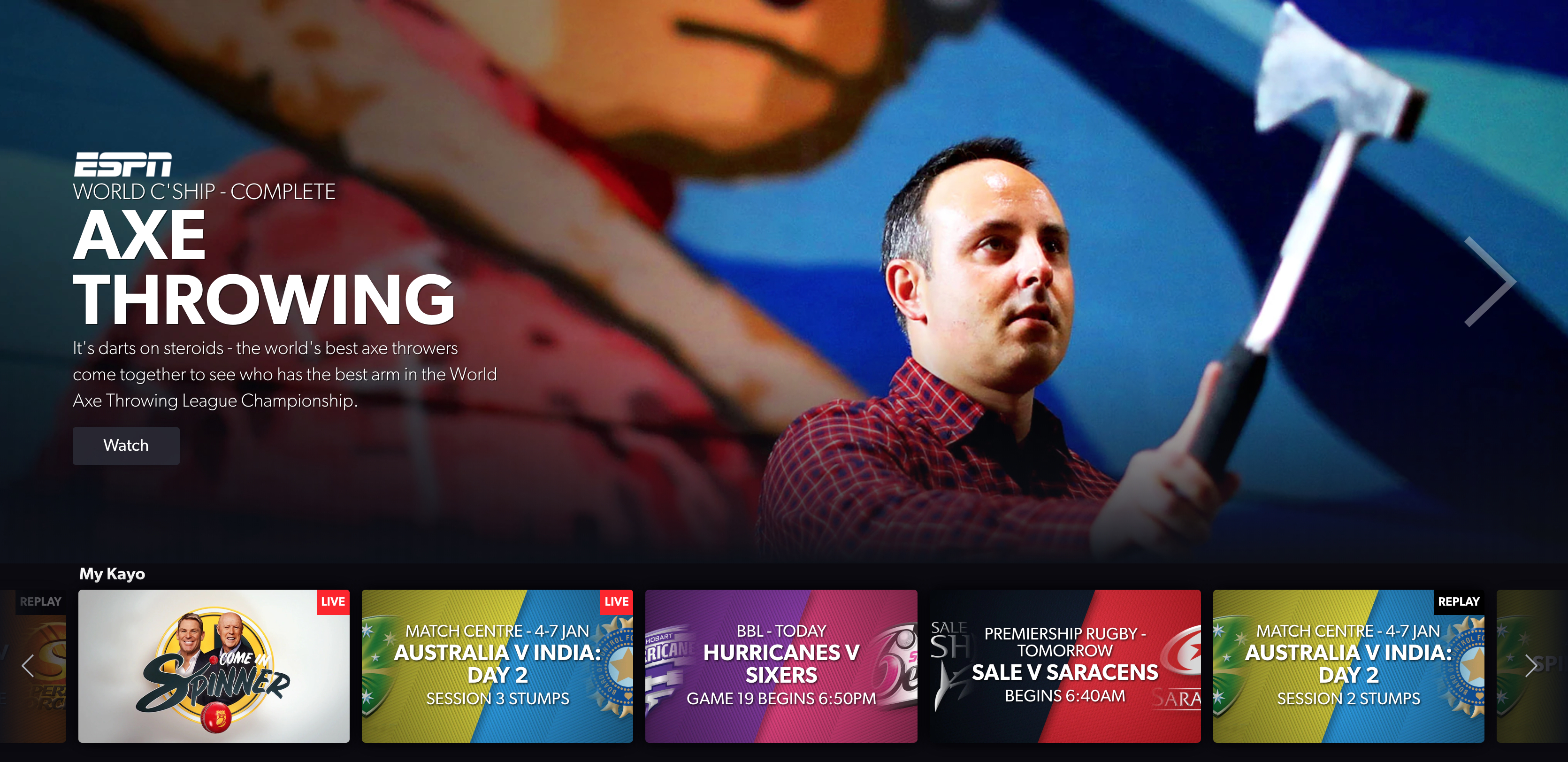 A screenshot of Kayo Sports' axe throwing content