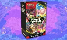 The Pokémon TCG: Mega Evolution — Perfect Order Booster Bundle on a blue and purple background
