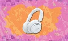 soundcore by anker space q45 headphones against a pink and orange patterned background