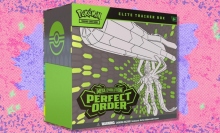 The Pokemon TCG: Perfect Order Elite Trainer Box on a purple and red background