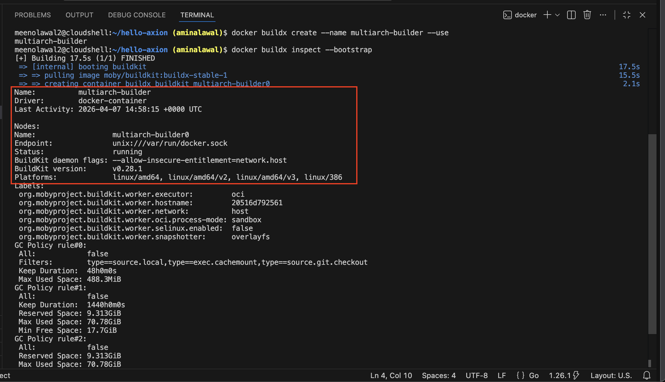 Terminal output showing the multiarch-builder details with Name, Driver set to docker-container, and a Platforms list that includes linux/amd64 and linux/arm64 highlighted.