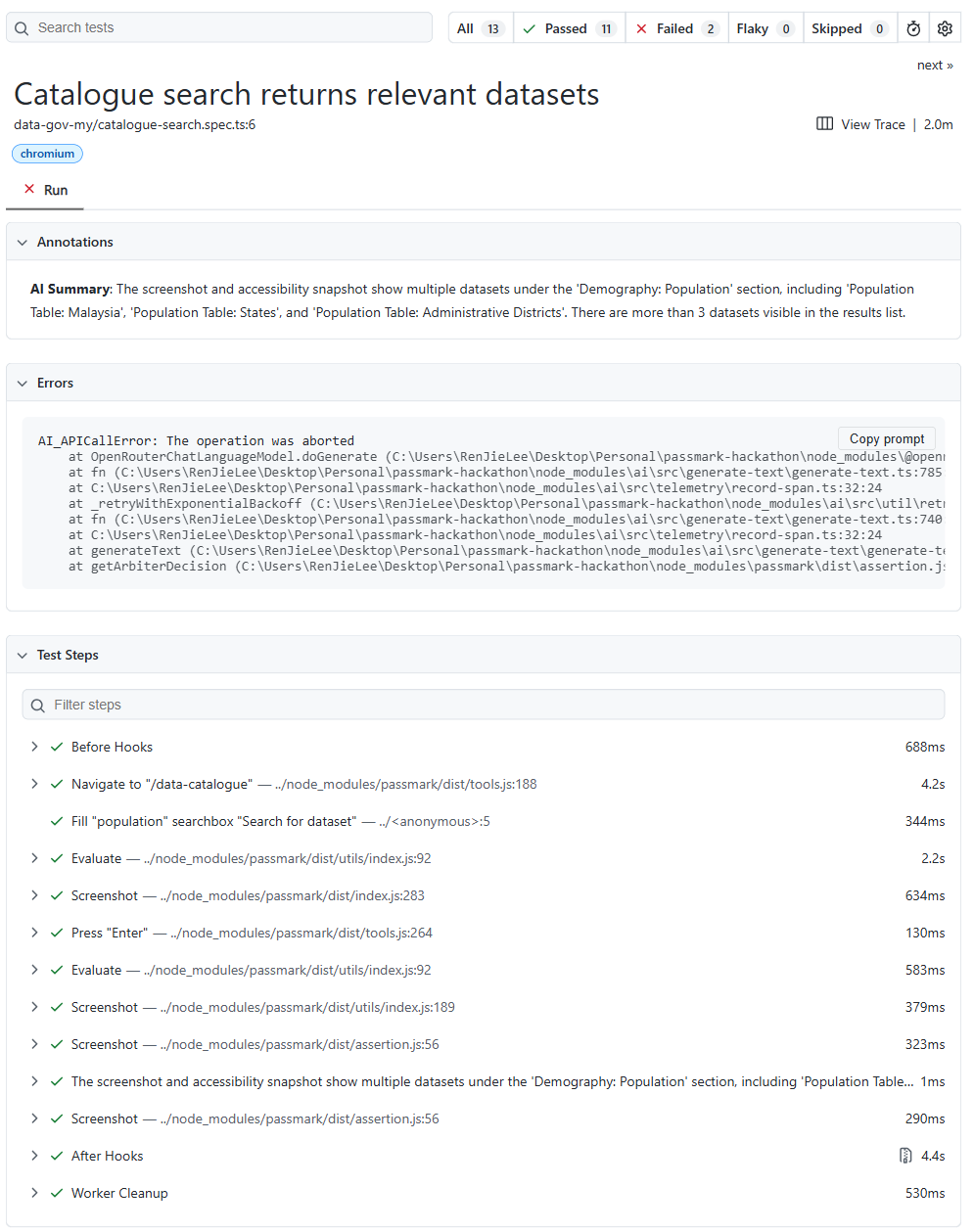 Playwright HTML report detail for the catalogue-search failure. Shows Claude and Gemini returning different verdicts on the same assertion, Passmark escalating to an arbiter model, and the arbiter call aborting with a 504 from Cloudflare.
