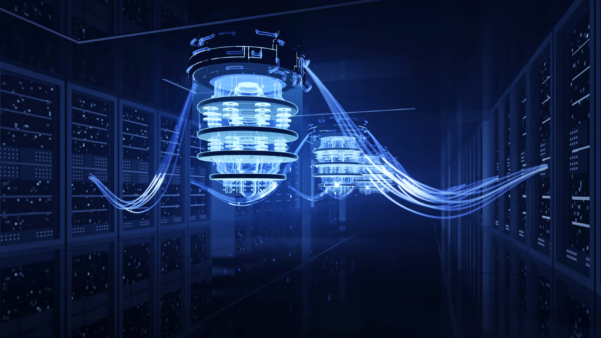 An illustration of a blue glowing chandelier of horizontal rings connected by vertical wires. Larger glowing wires connect this chandelier to shelves of glowing servers around the dark room