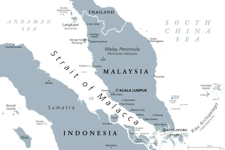 A map showing the Strait of Malacca in south-east Asia.
