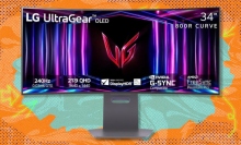 The 34-inch LG Ultragear OLED gaming monitor (34GS95QE) on a green and orange background
