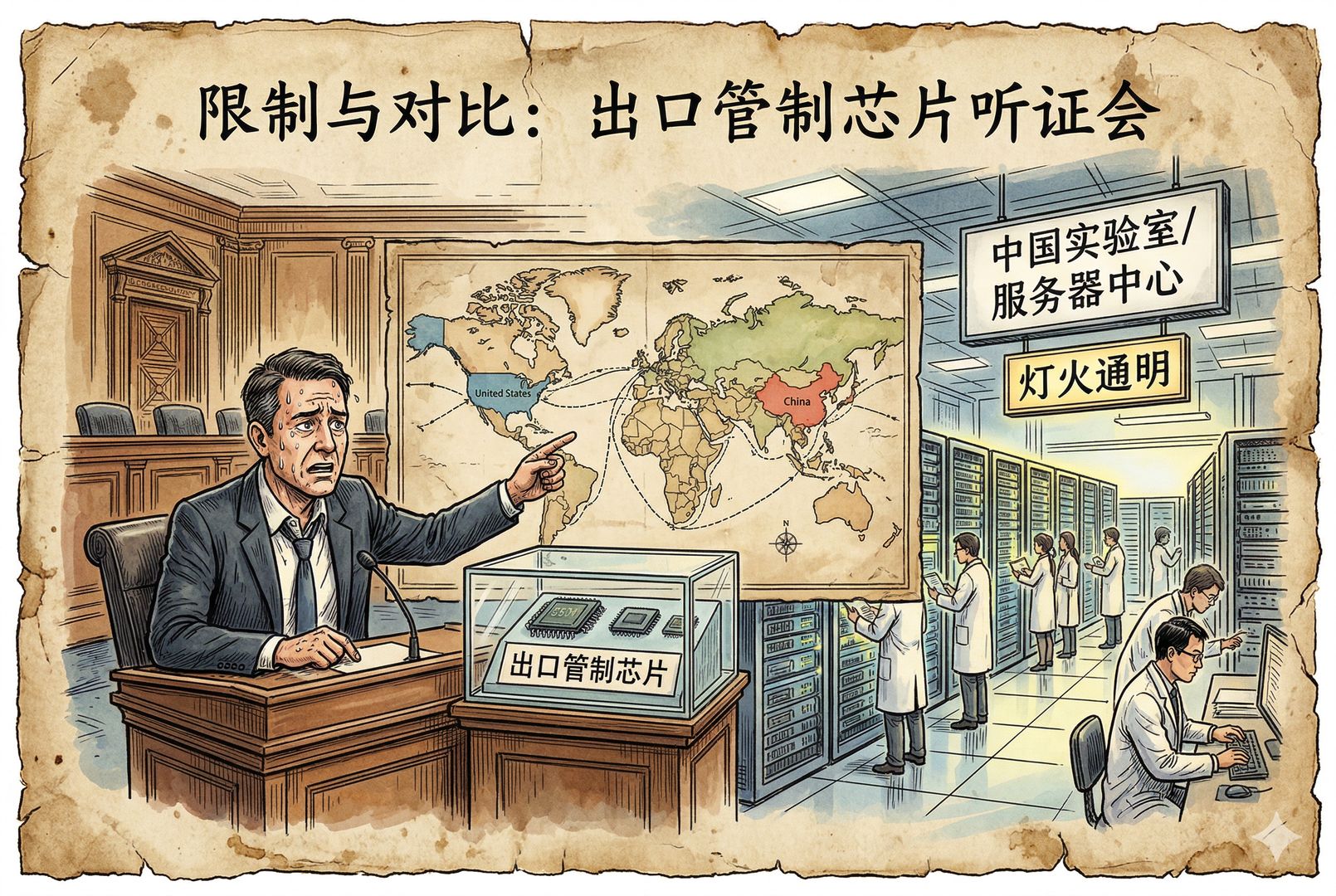 华盛顿听证会般的场景里,西装人物指着世界地图与出口管制芯片,神情焦灼;地图另一侧的中国服务器和实验室灯火通明,形成强烈对照,羊皮纸,钢笔彩色手绘的统一风格。