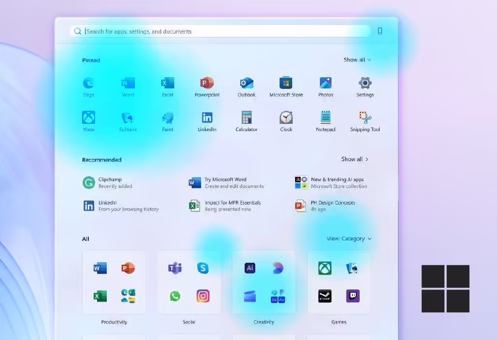 动态磁贴情怀难消:微软揭秘 5 种 Win11 开始菜单原型方案 Heatmap that Microsoft used to study how users reacted to the new Start menu